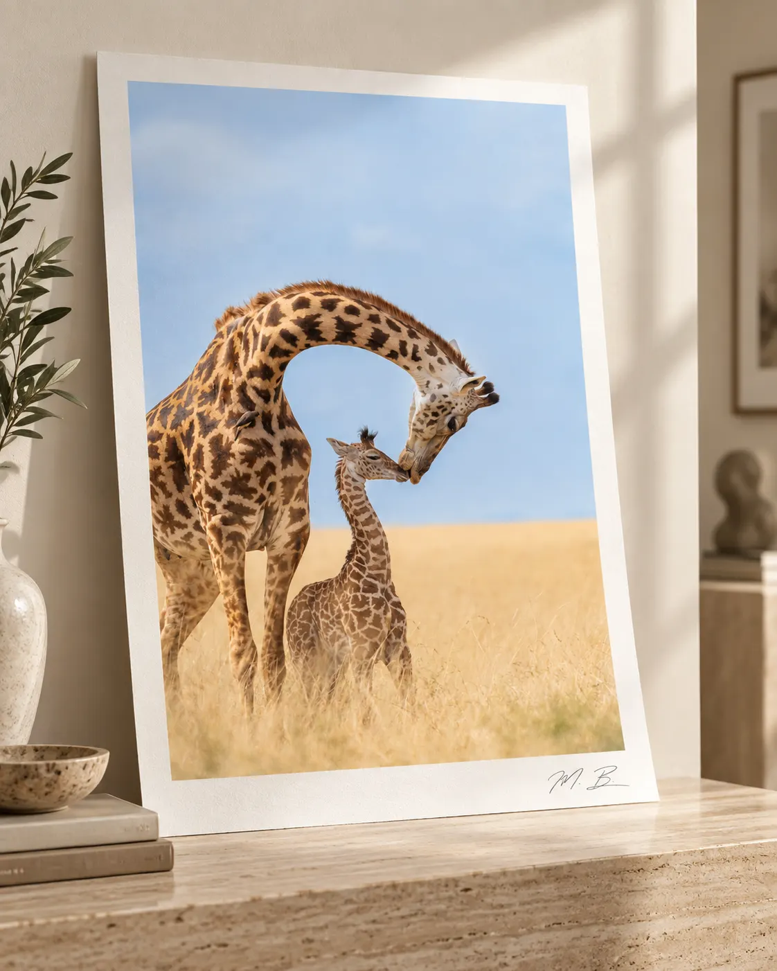 Mother's Love, hand-signed by Miguel Bellido, leaning against a wall on a stone shelf